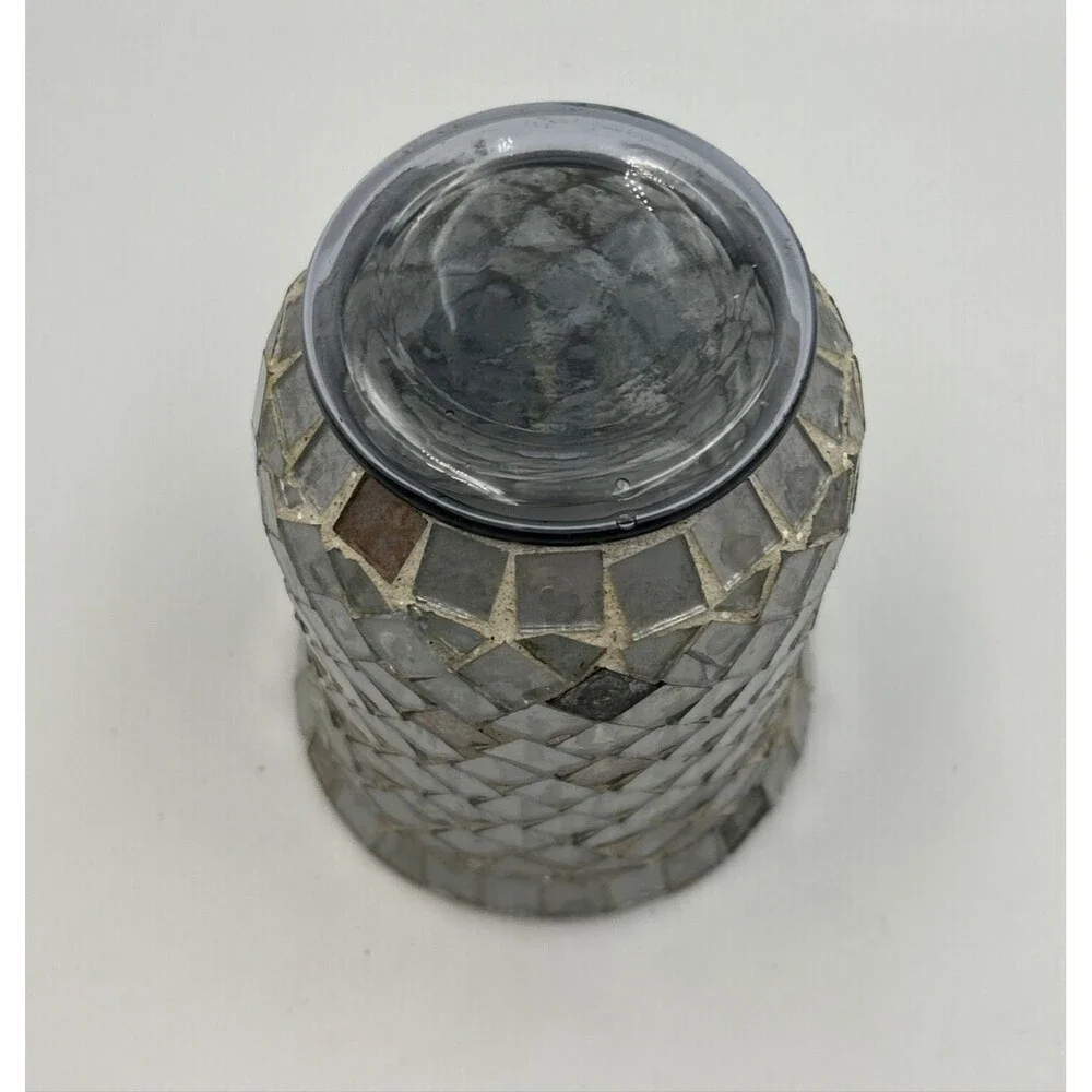 Vintage Silver Gray Mosaic Glass Candle Holder Votive Hurricane Boho Decor 6